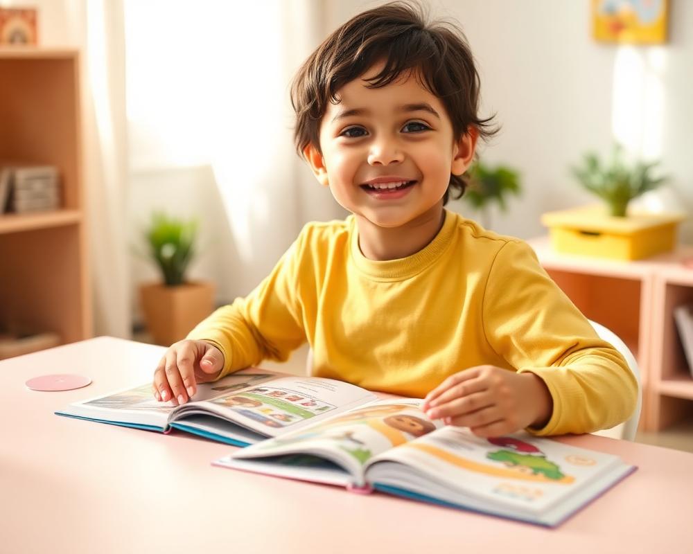 Niño aprendiendo inglés con un libro ilustrado