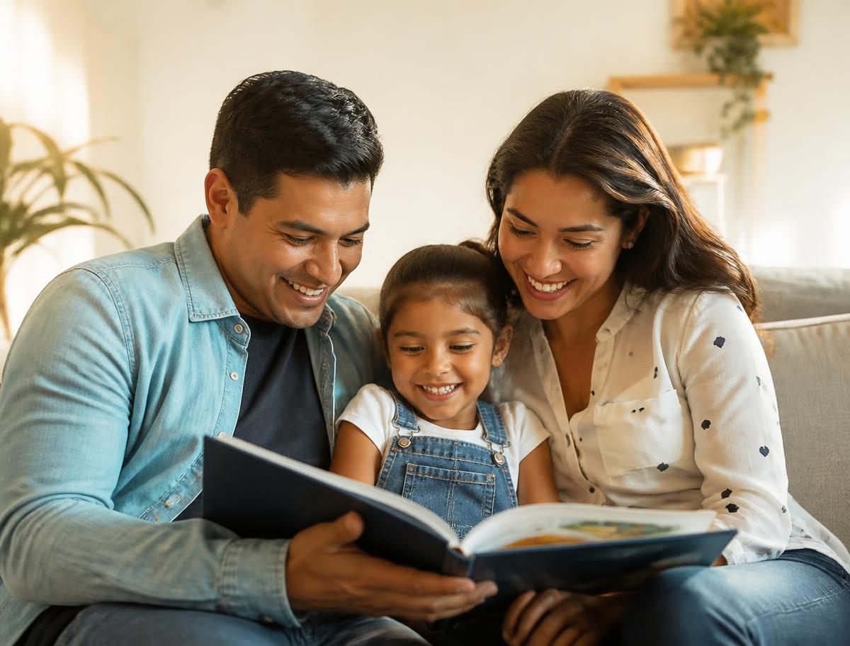 Familia leyendo junta con su hija en casa