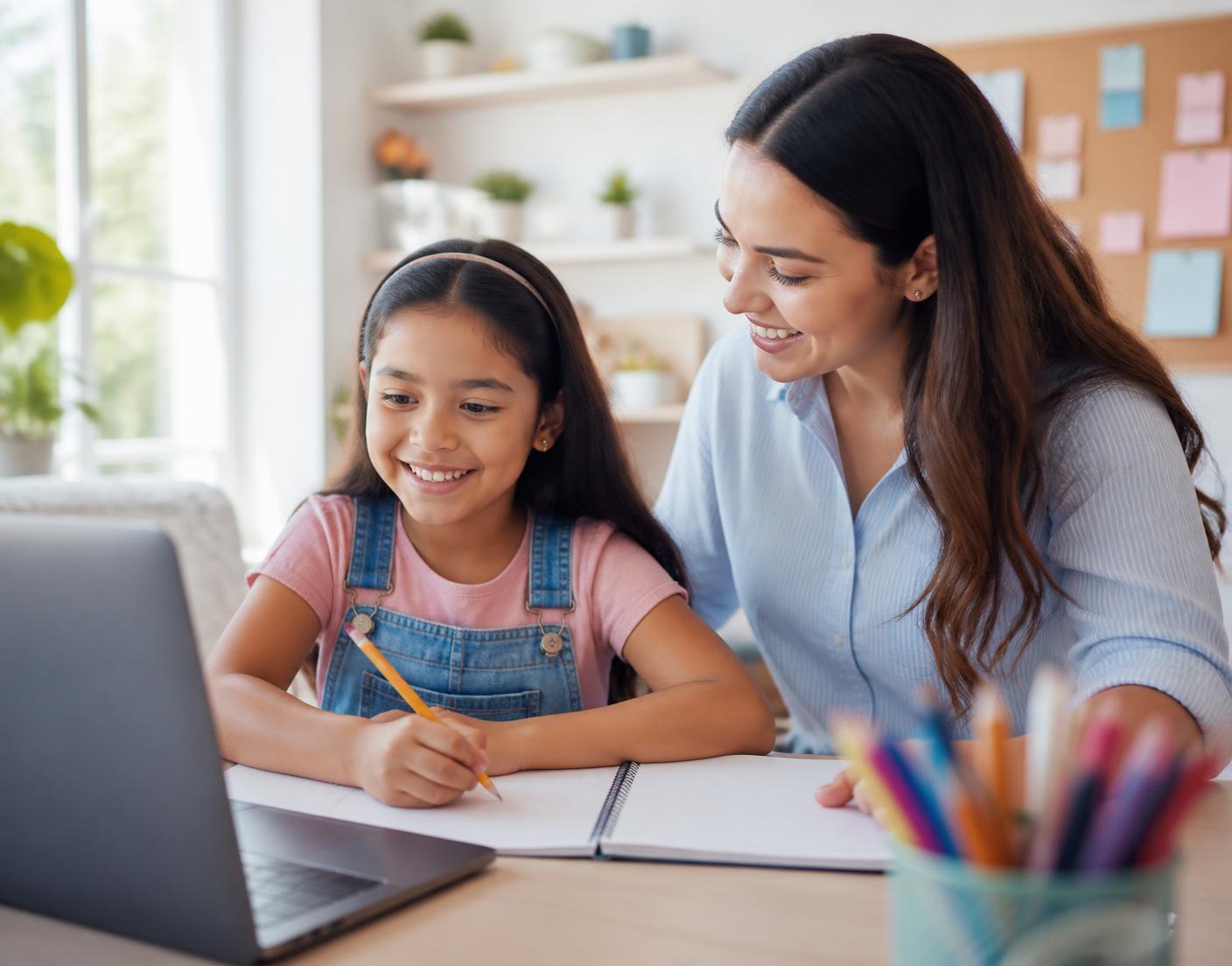 Niña aprendiendo en casa acompañada por su docente en un ambiente cálido y seguro