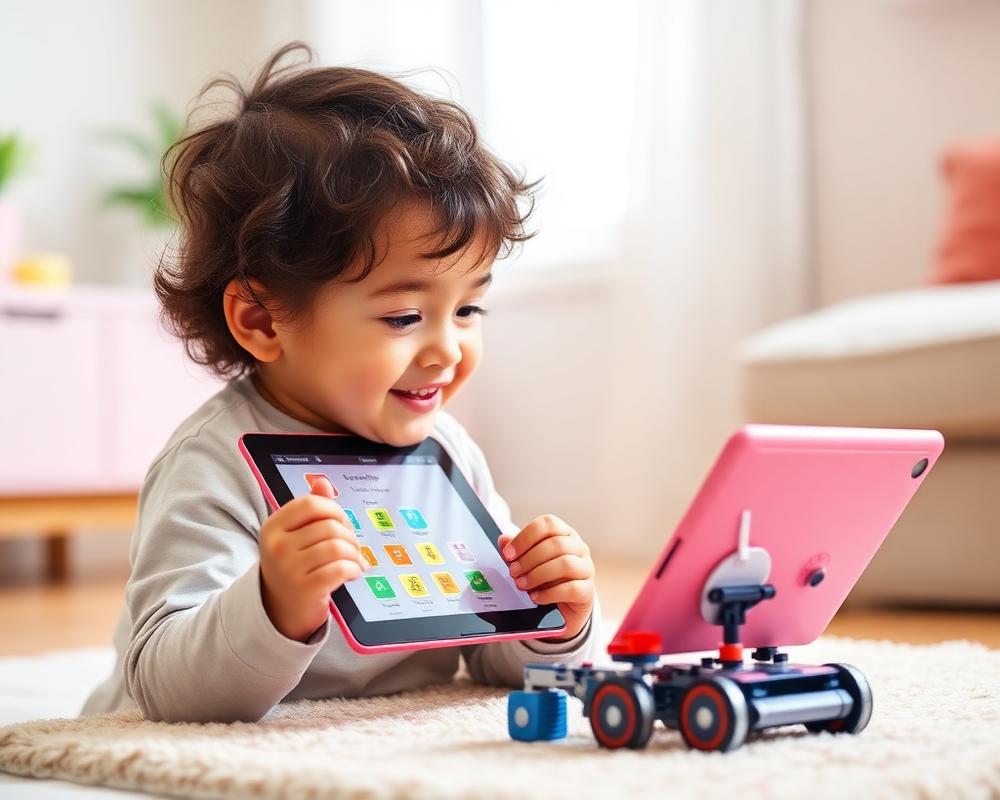 Niño usando una tableta y un kit de robótica educativa